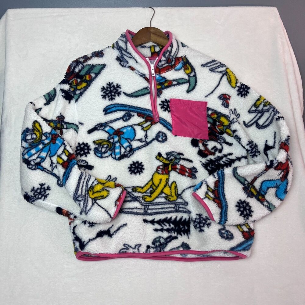 Disney Mickey & Friends Sherpa Fleece 1/4 Zip Pullover Winter White Jacket XS
